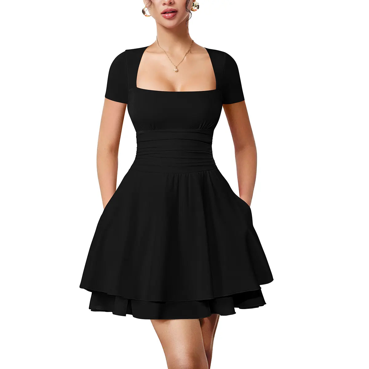 Hot Sale 50% OFF Casual Square Neck Mini Dress | Ruffle Hem | Short Sleeve | With Pockets