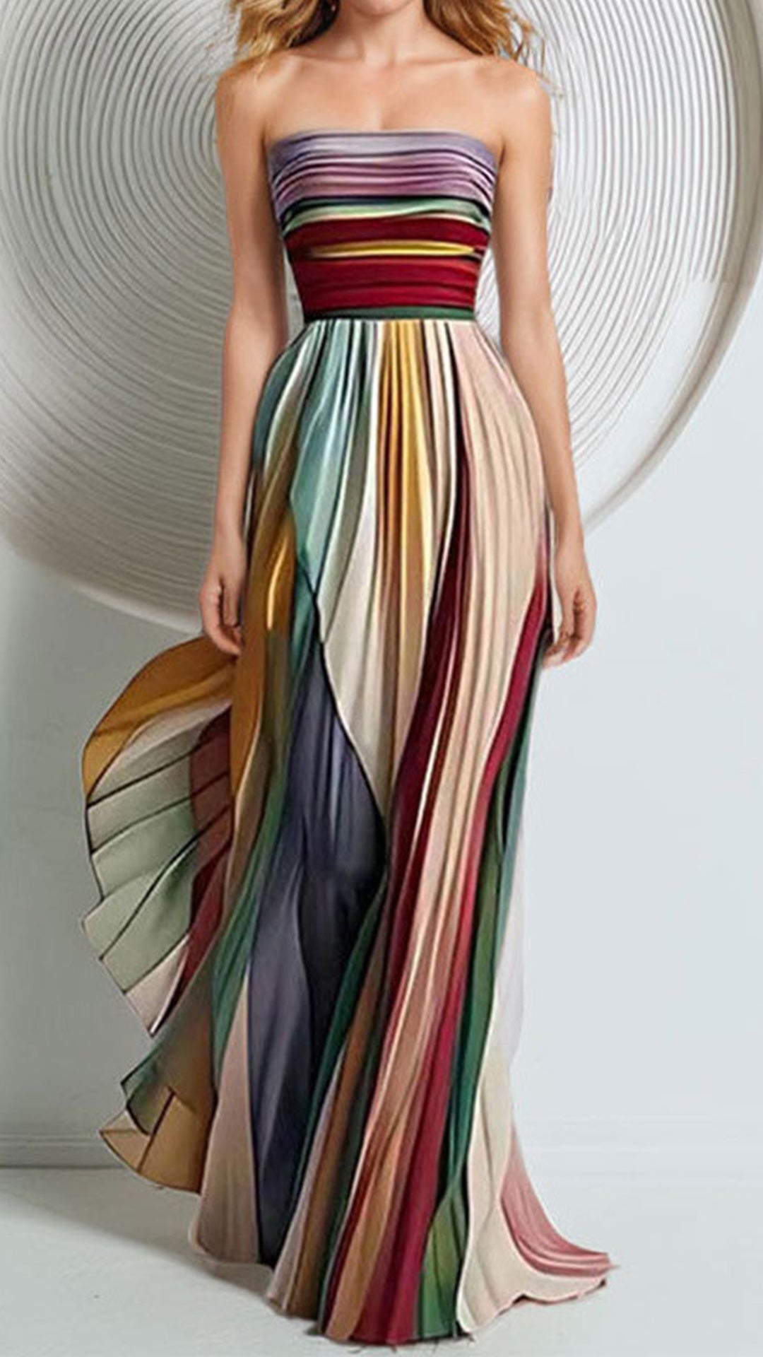 Women’s Strapless Rainbow Stripe Cotton-Blend Maxi Dress