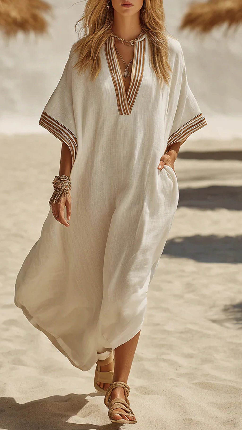 Women’s Striped Trim Cotton-Blend Kaftan Dress