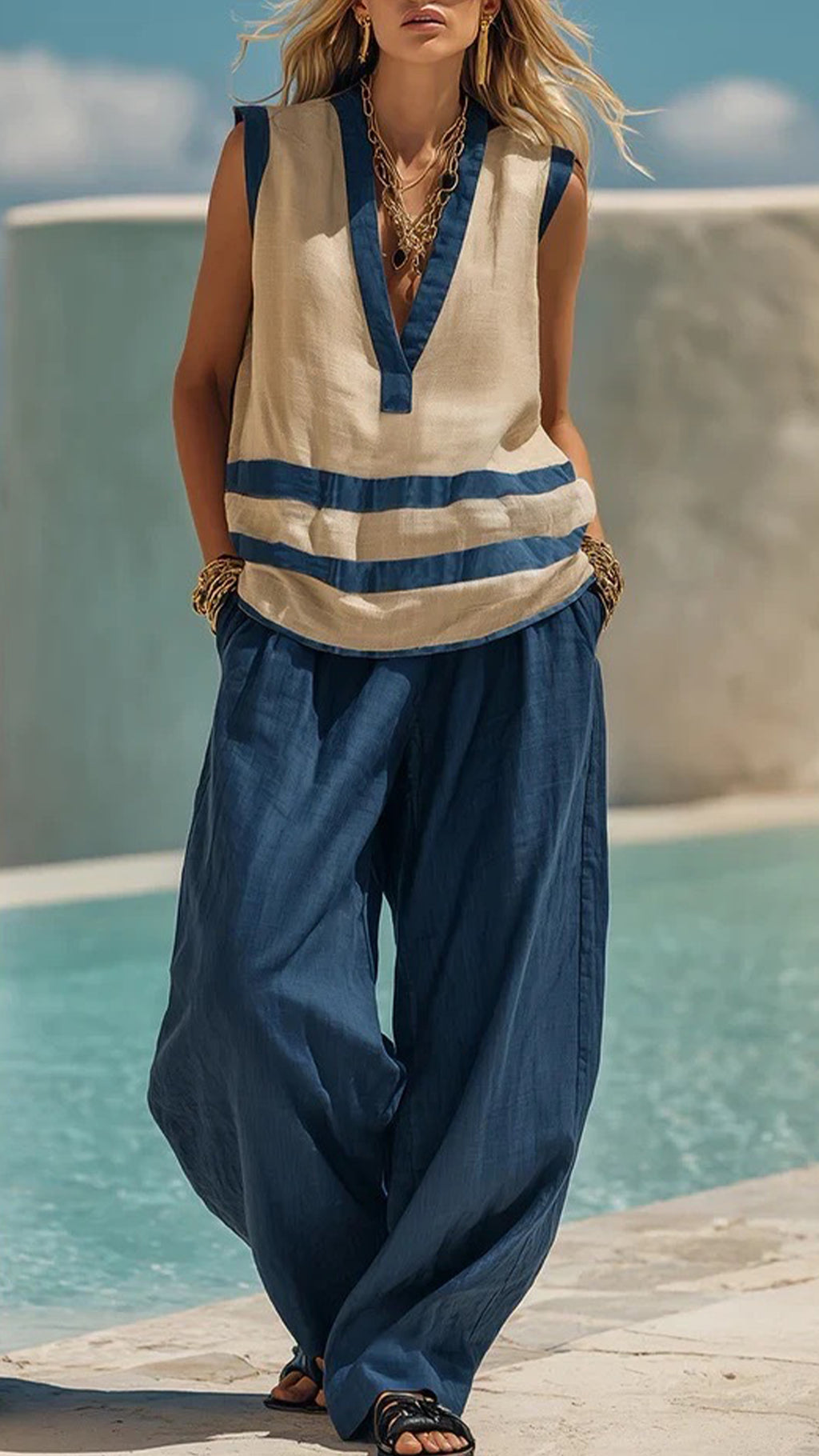 Women’s  Color-Block Stripe Cotton-Blend Two-Piece Set