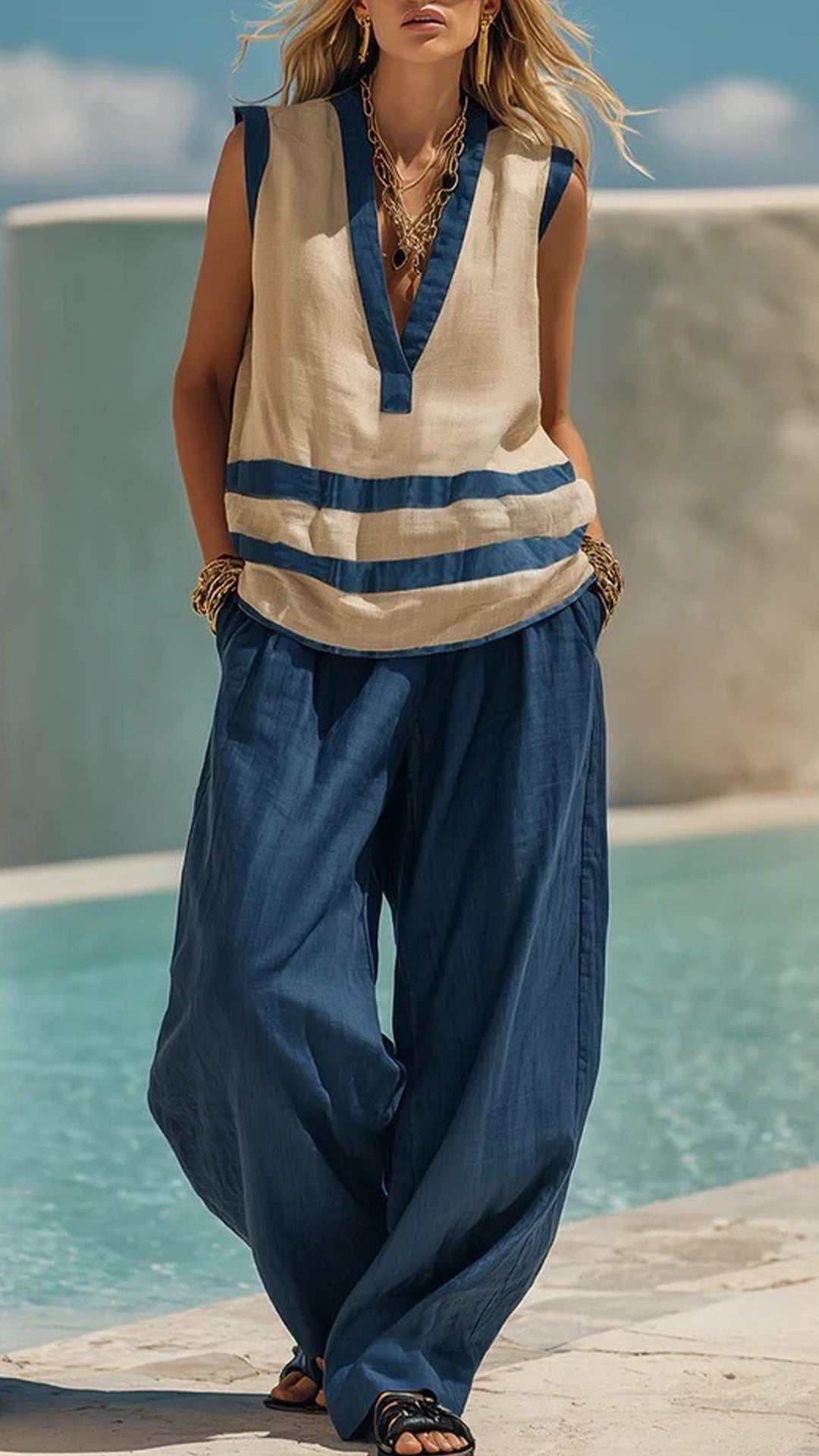Women’s  Color-Block Stripe Cotton-Blend Two-Piece Set