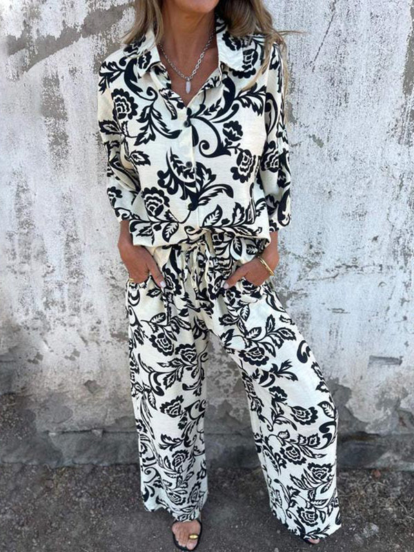 Women’s Fashion Two Piece Printed Lapel Button-Down Shirt and Wide-Leg Pants Set