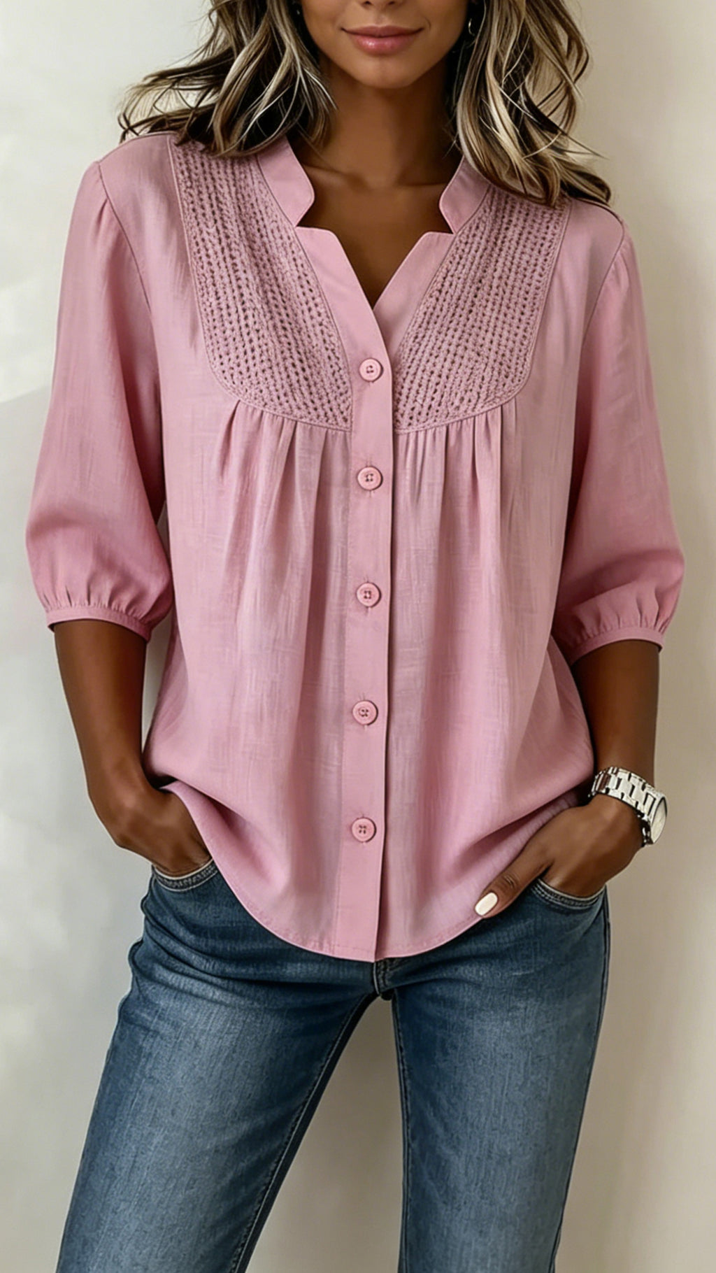 Women’s  Crochet Detail Cotton-Blend Blouse