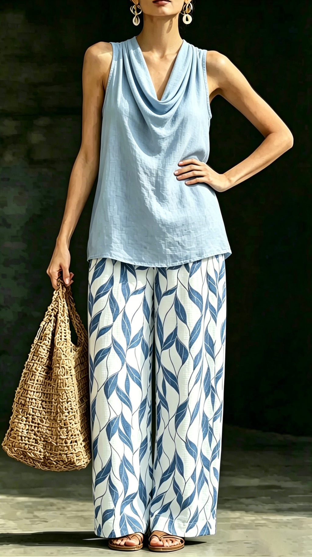 Women’s Two-Piece Set: Draped-Neck Halter Top & Patterned Wide-Leg Pants (Cotton-Linen Blend)