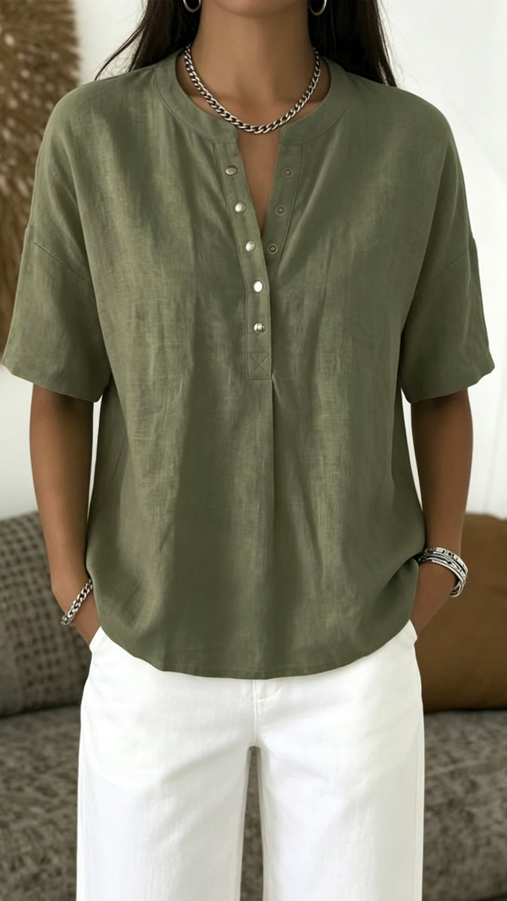 Women’s  Henley Neck Cotton-Blend Short-Sleeve Top
