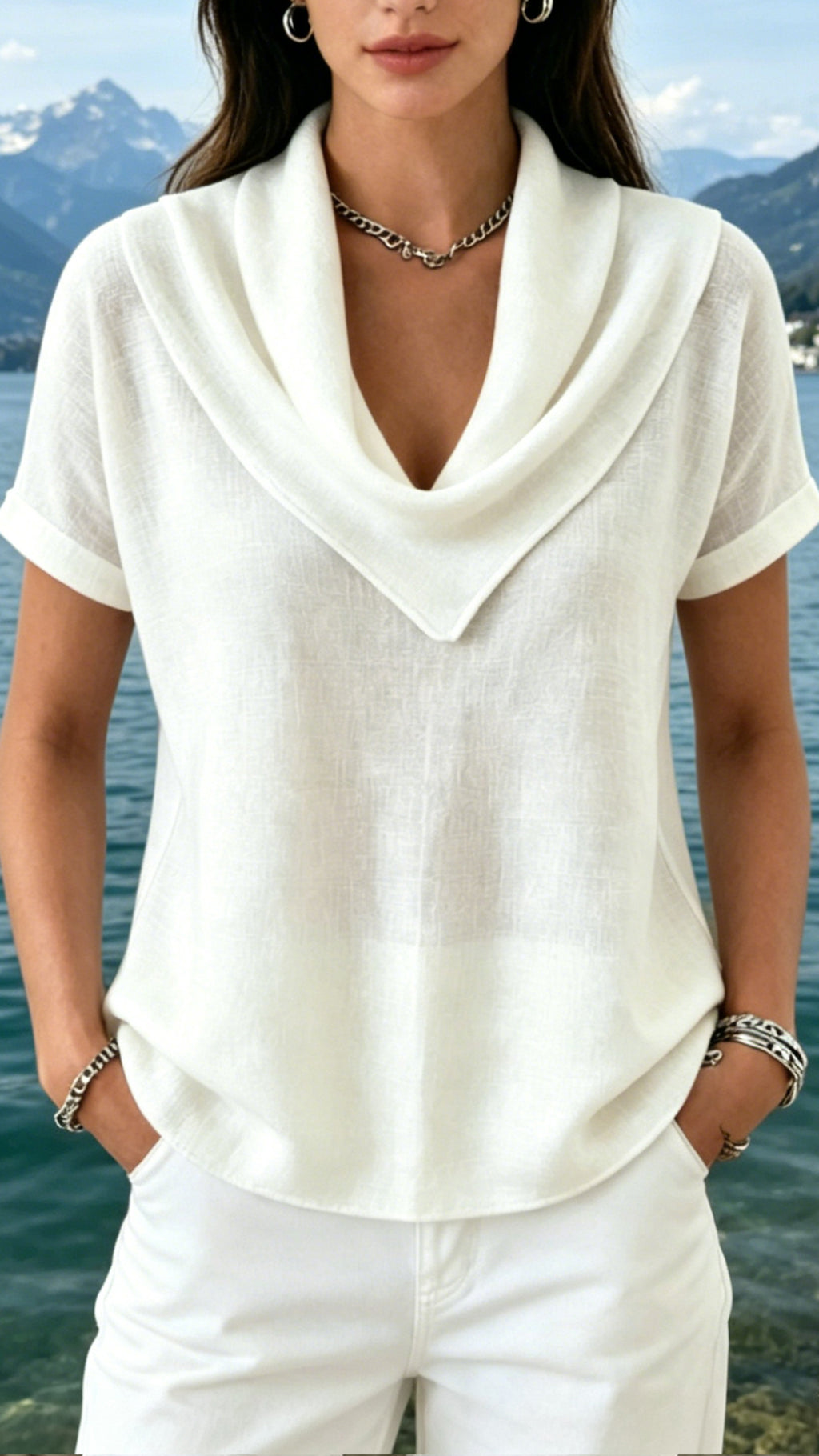 Women’s Cowl Neck Cotton-Linen Short-Sleeve Top