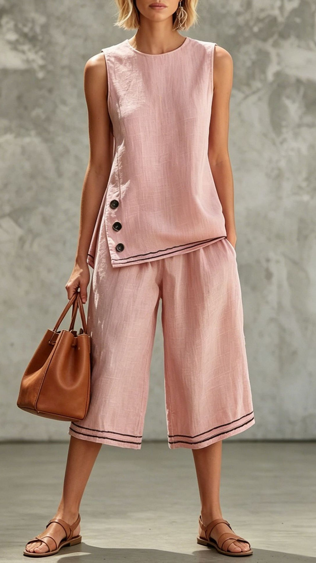 Women’s Sleeveless Side-Slit Vest & Wide-Leg Cropped Pants — Cotton-Linen Two-Piece Set