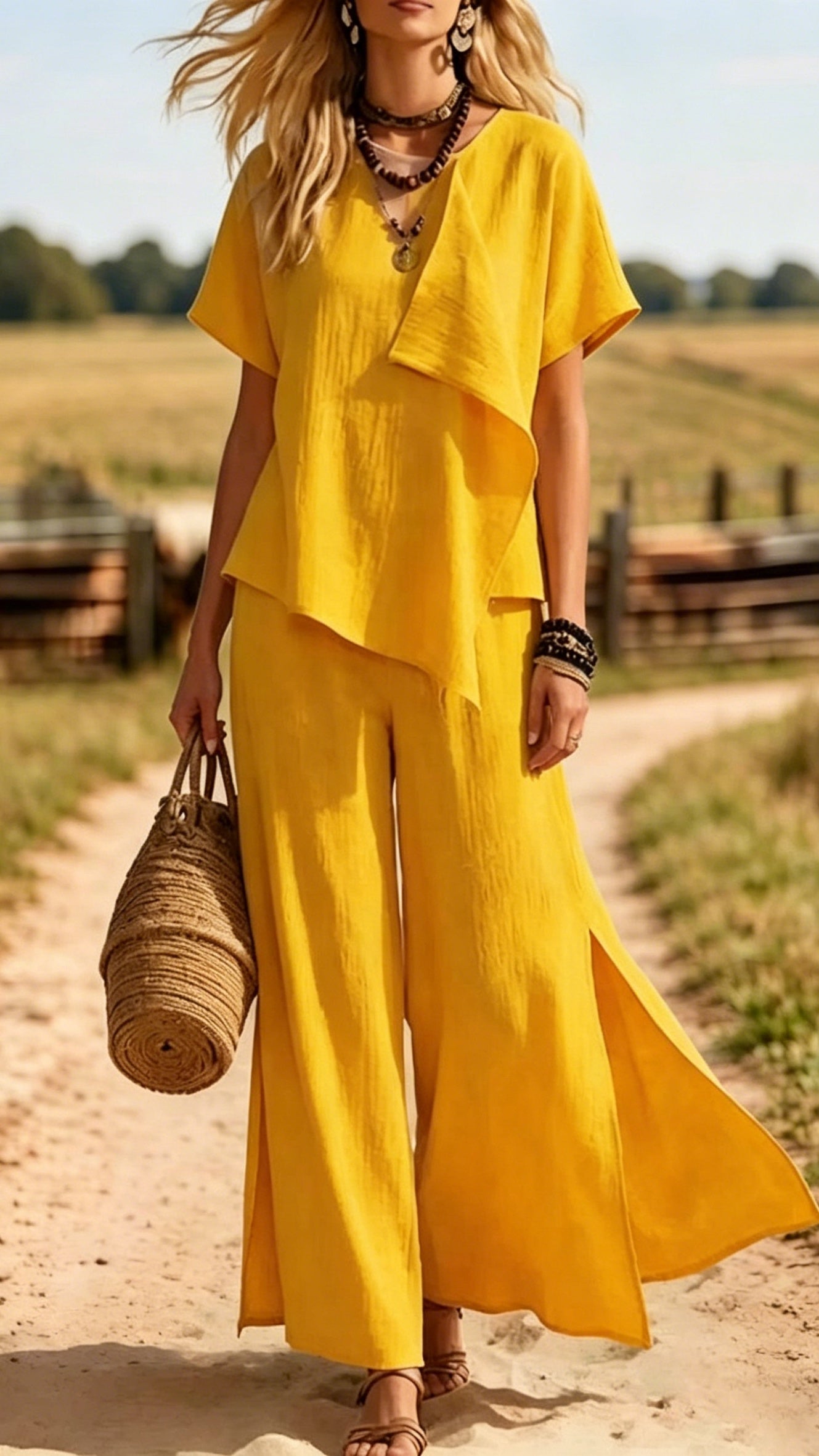 Women’s Stylish Casual Set: Irregular Short-Sleeve Top & Slit Wide-Leg Pants