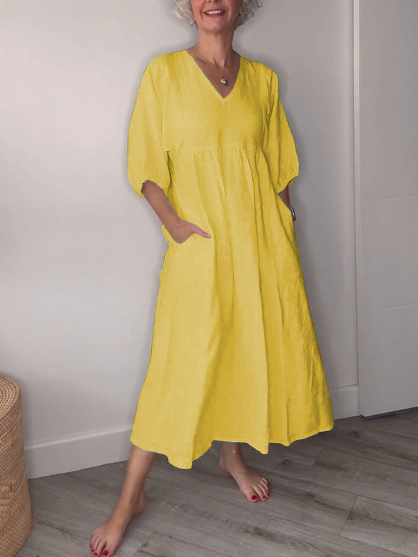 🔥Clearance Sale🔥 Women’s Casual Fashion V-Neck Solid Color Mid-Length Sleeve Dress