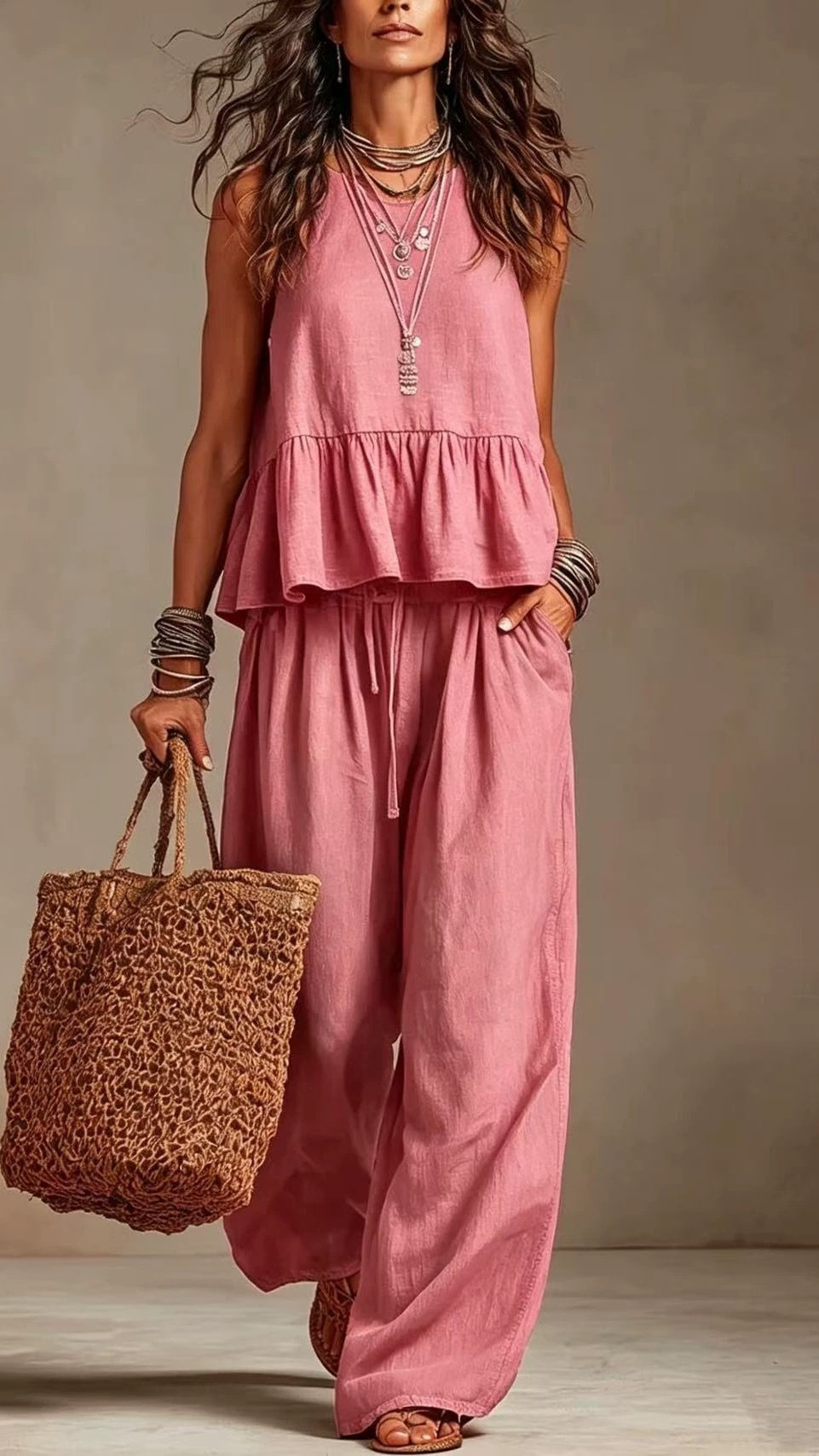Women’s Cotton-Linen Two-Piece Set: Ruffled Sleeveless Top & Wide-Leg Pants