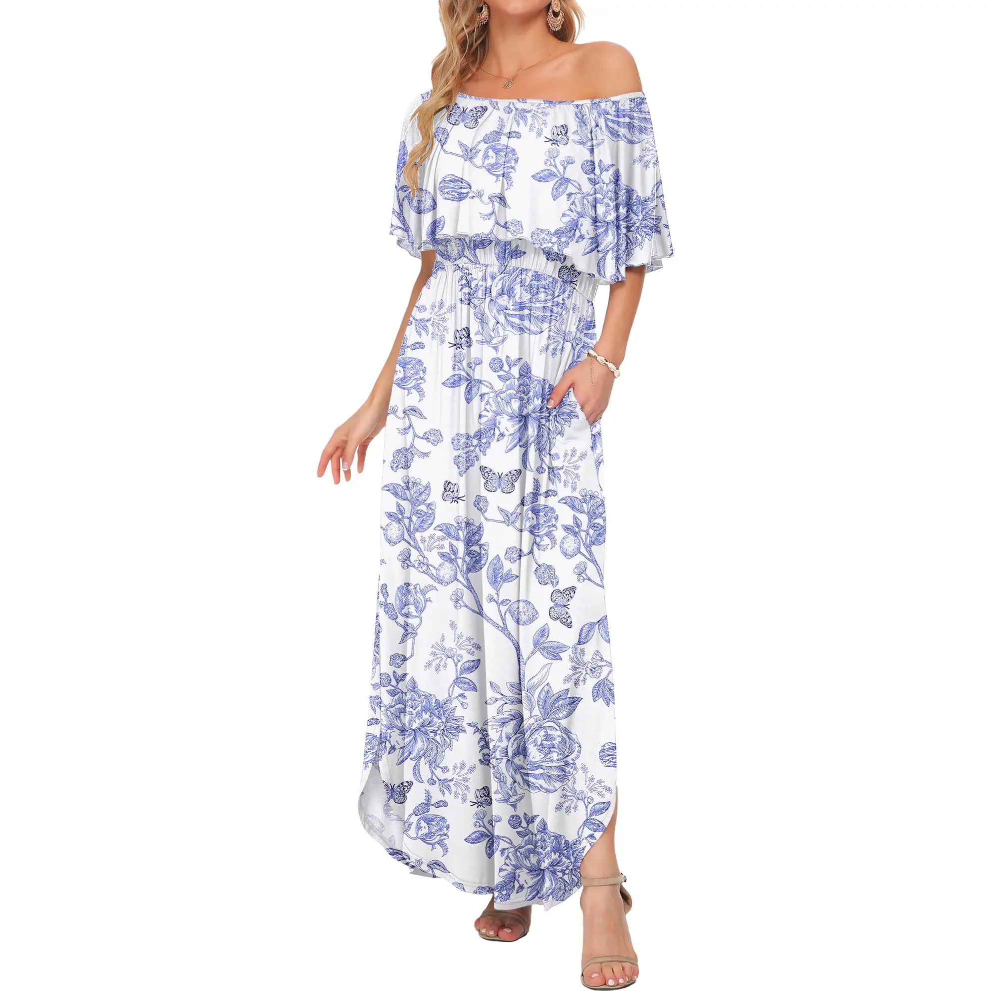 Plus Size Off-Shoulder Dress | Summer Casual | Long Ruffle | Side Split | Beach Maxi | With Pockets | Wedding Guest