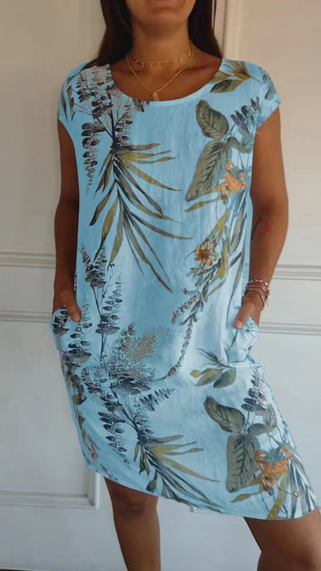 Women’s Botanical Print Crew Neck Loose Short Sleeve Dress