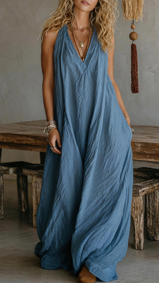 Women’s Halter V-Neck Linen-Blend Maxi Dress