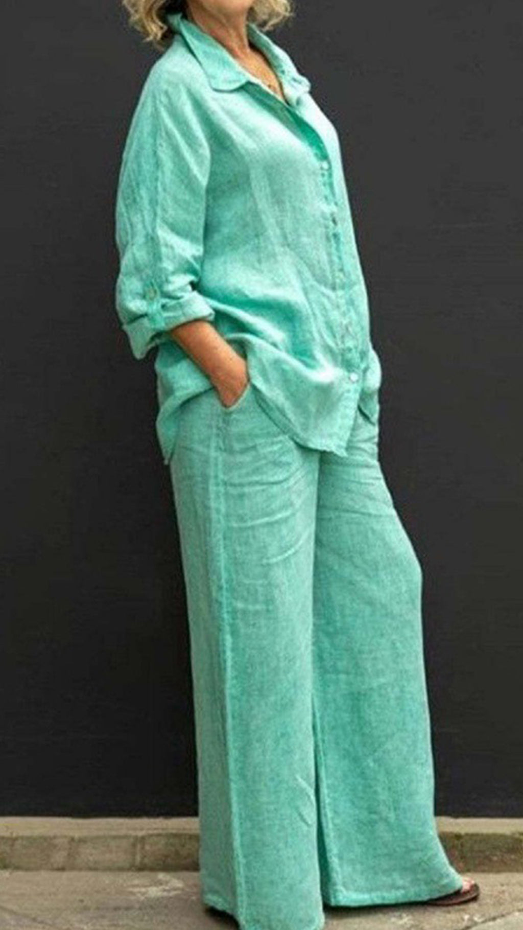 Women’s Linen Lapel Shirt & Wide-Leg Pants Two-Piece Set