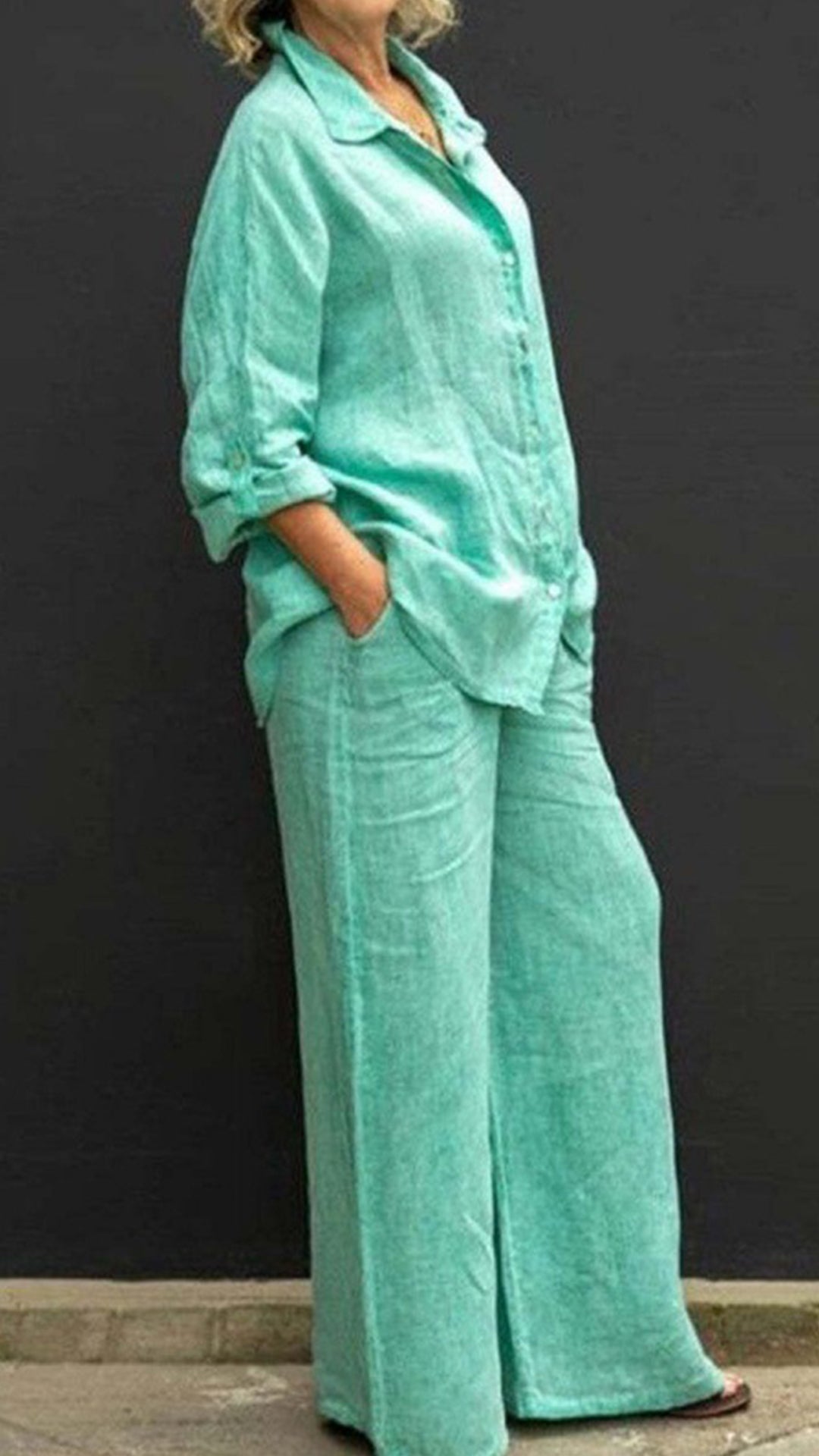 Women’s Linen Lapel Shirt & Wide-Leg Pants Two-Piece Set