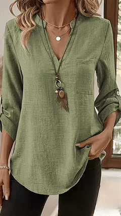 Women’s Army Green Linen-Blend Henley Shirt