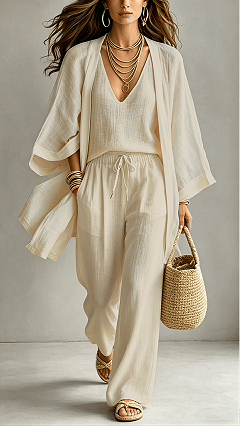 Women’s  Linen-Blend Three-Piece Set(Kimono + Tank + Pants)