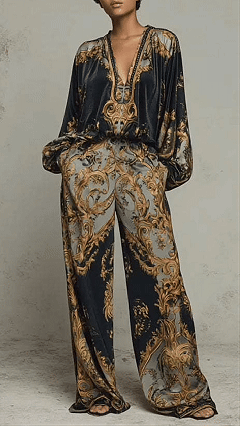 Women’s Cotton-Blend Baroque Print Wide-Leg Pants Set