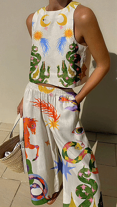Women’s Linen-Cotton Blend Whimsical Print Tank Top & Wide-Leg Pants Set