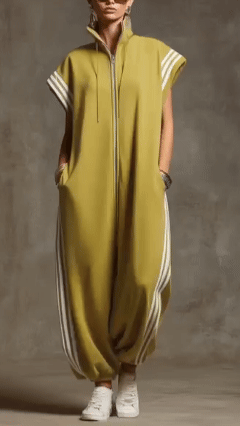 Women’s Relaxed Stand-collar Short-sleeved Casual Loose Cotton Wide-leg Jumpsuit