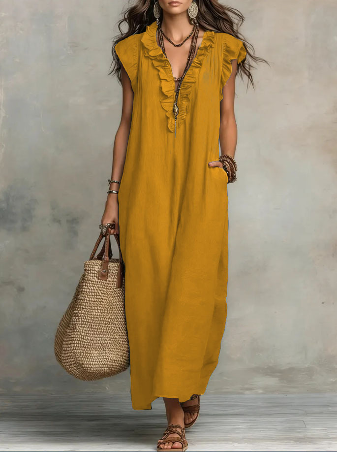 Women’s Solid Color Ruffled Art Casual Fashion Cozy Cotton Linen Dress