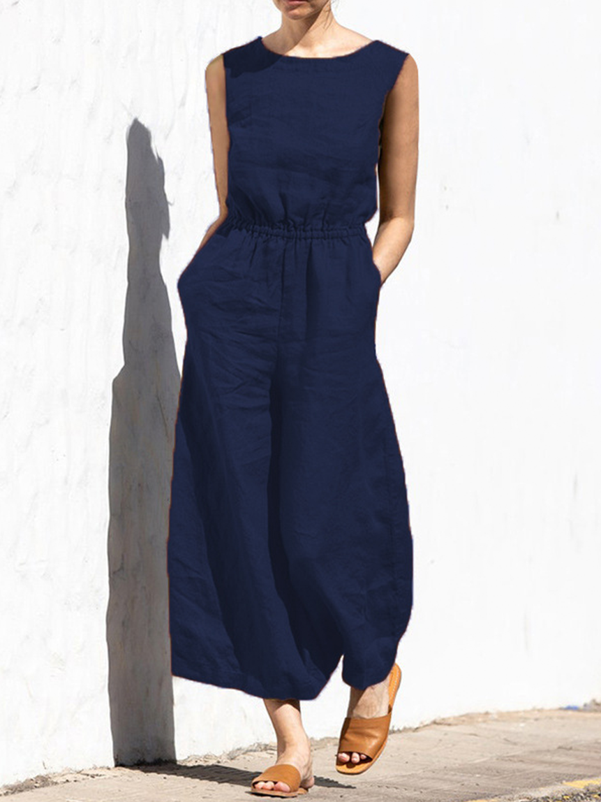 Women’s Solid Color Loose Elegant Casual Sleeveless Jumpsuit