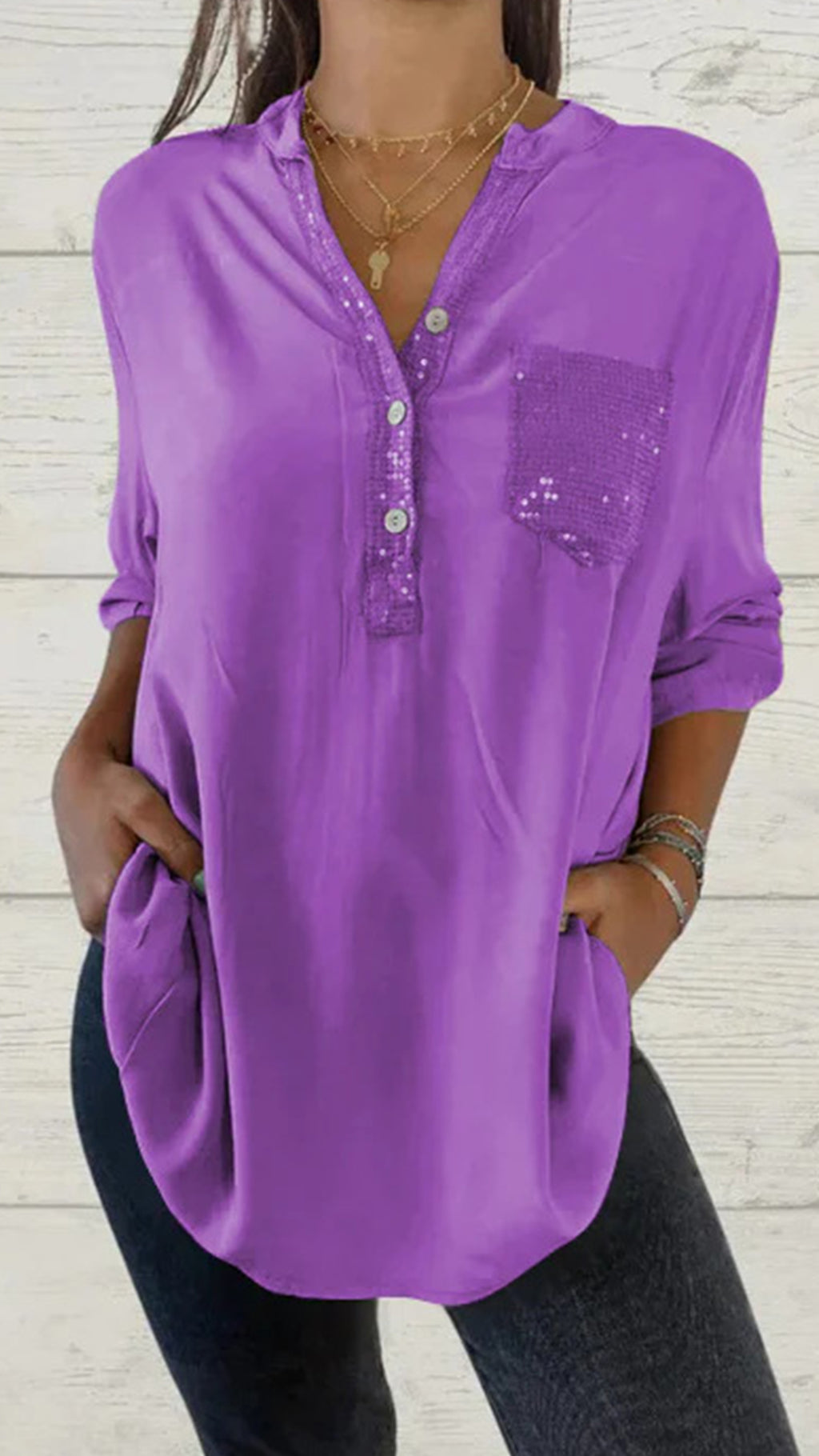 Solid color V-neck pocket women’s top shirt in multiple colors