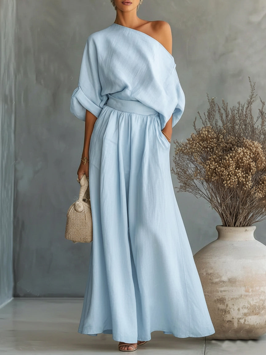 Women’s Elegant Off-Shoulder Shirt and Wide-Leg Pants Two-Piece Set