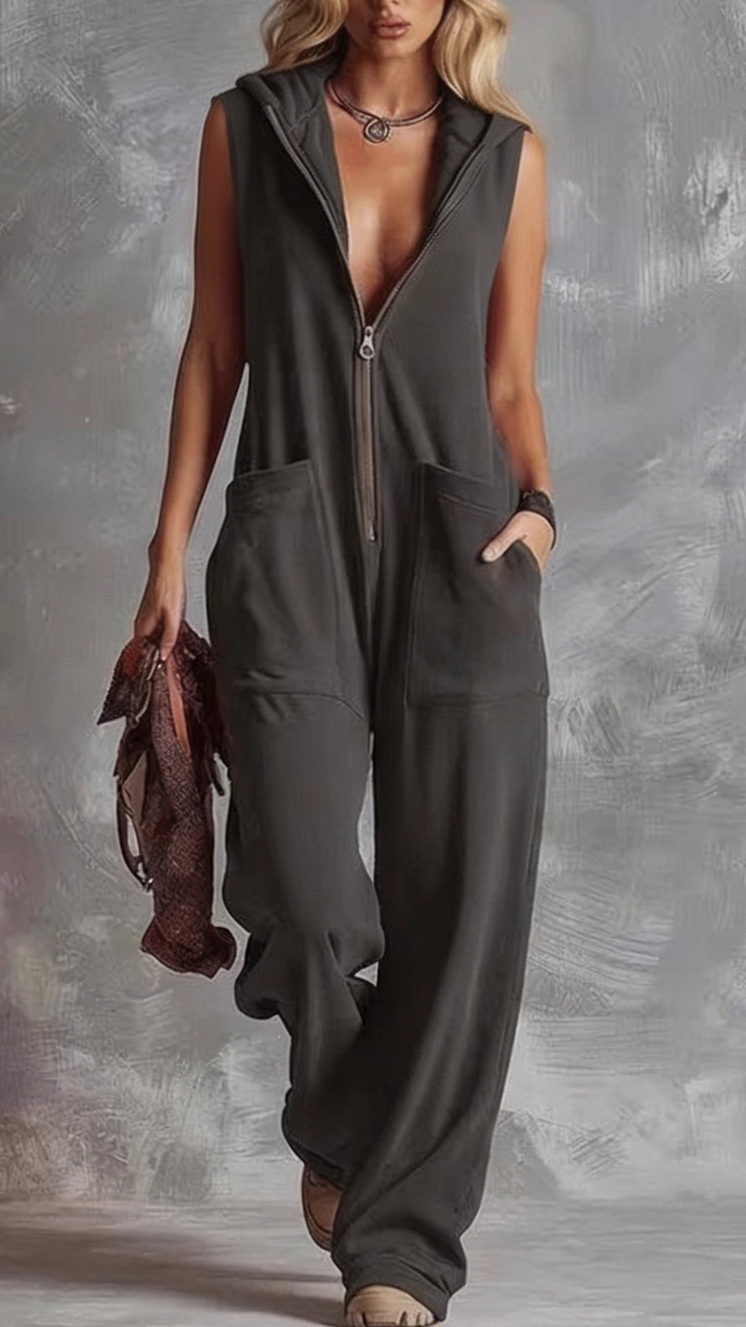 Women’s  Cotton-Blend Hooded Sleeveless Jumpsuit