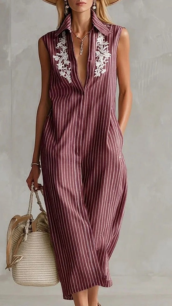 Women’s Sleeveless V-Neck Striped Shirt Dress