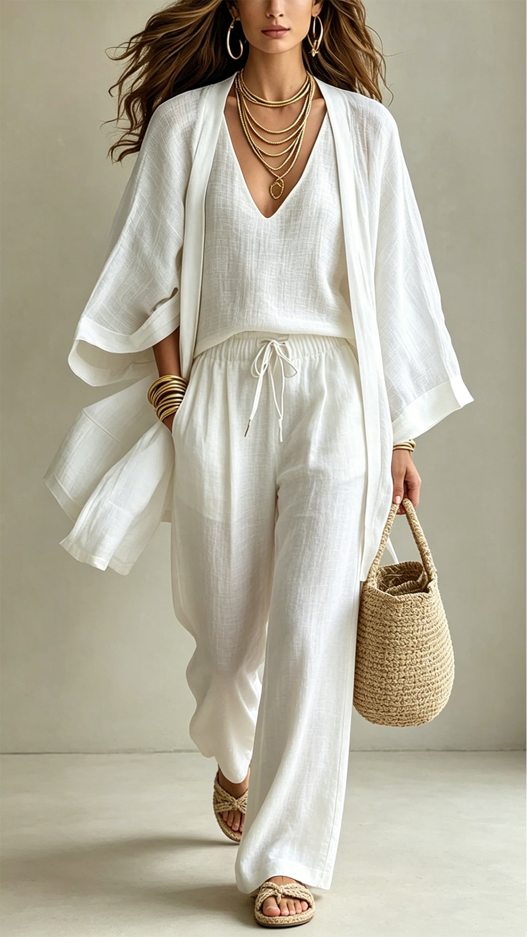 Women’s  Linen-Blend Three-Piece Set(Kimono + Tank + Pants)