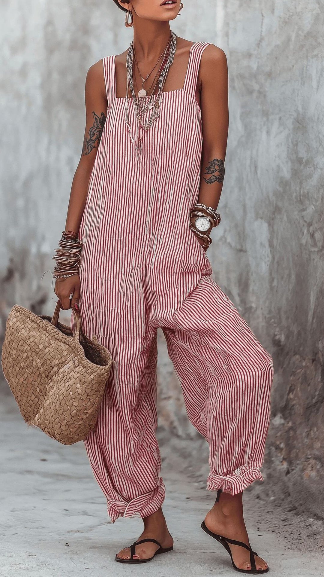 Women’s Minimalist Striped Loose-Fit Square-Neck Sleeveless Jumpsuit