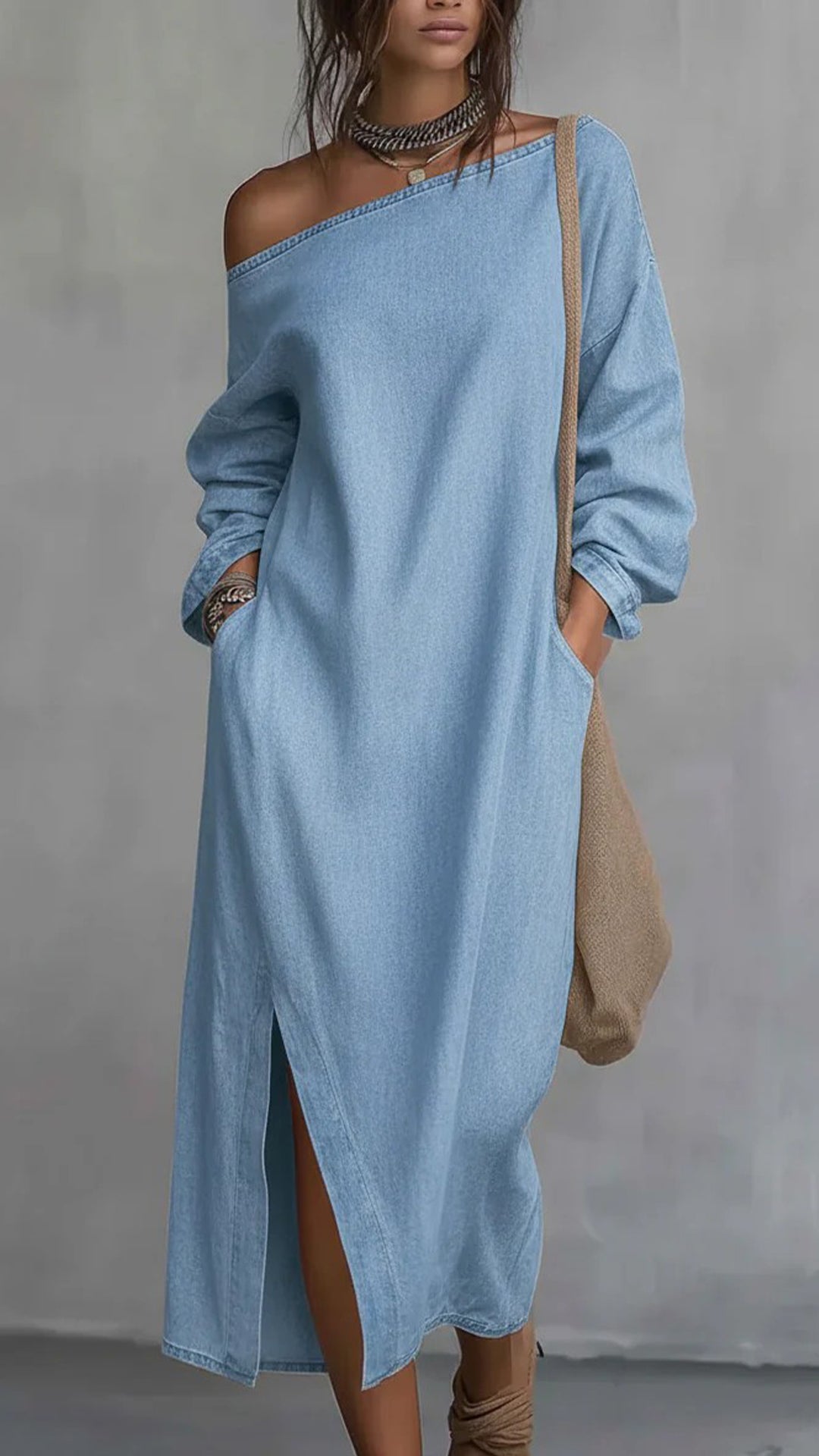 Women’s Denim Off-the-Shoulder Long-Sleeve Dress