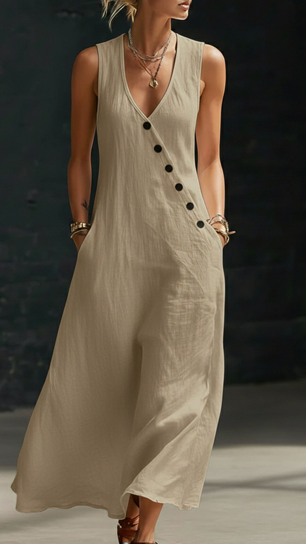 “Effortless Chic” Style V-Neck Button-Front Cotton-Linen Maxi Dress — Sleeveless Tank Dress