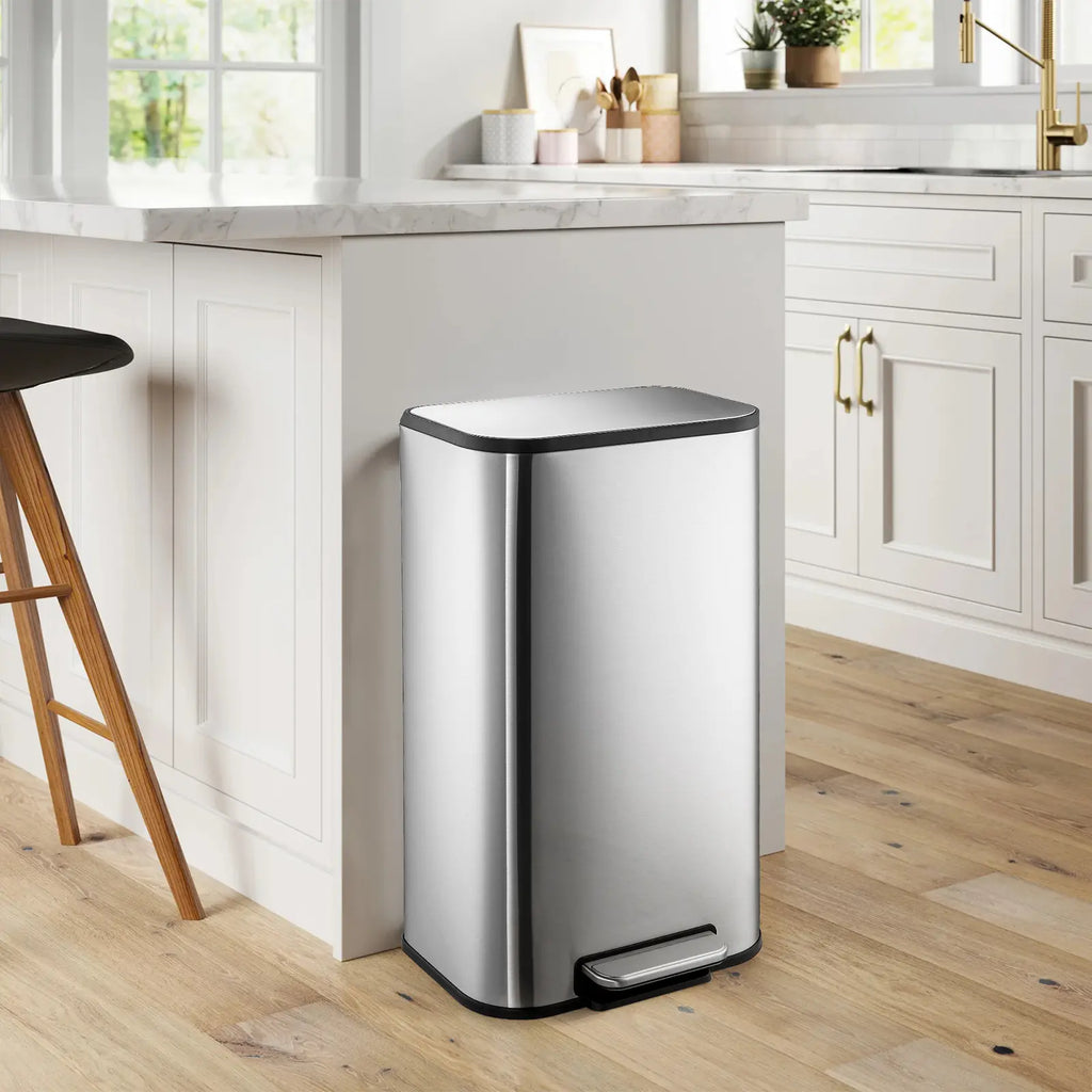 Garvee 8 Gallon Stainless Steel Kitchen Trash Can 30L Rectangular Step Garbage Bin With Soft Close Lid And Fingerprint Resistant Surface Silver