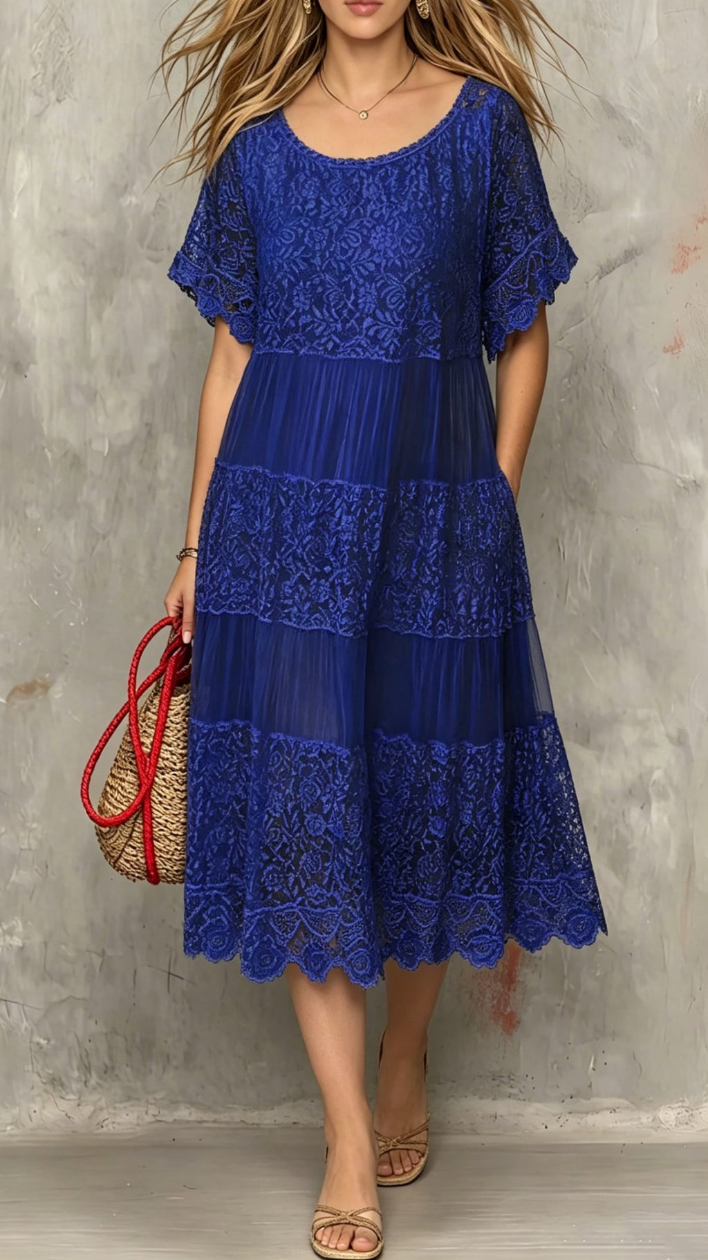 Women’s Round-Neck Short-Sleeve Lace-Trimmed Dress
