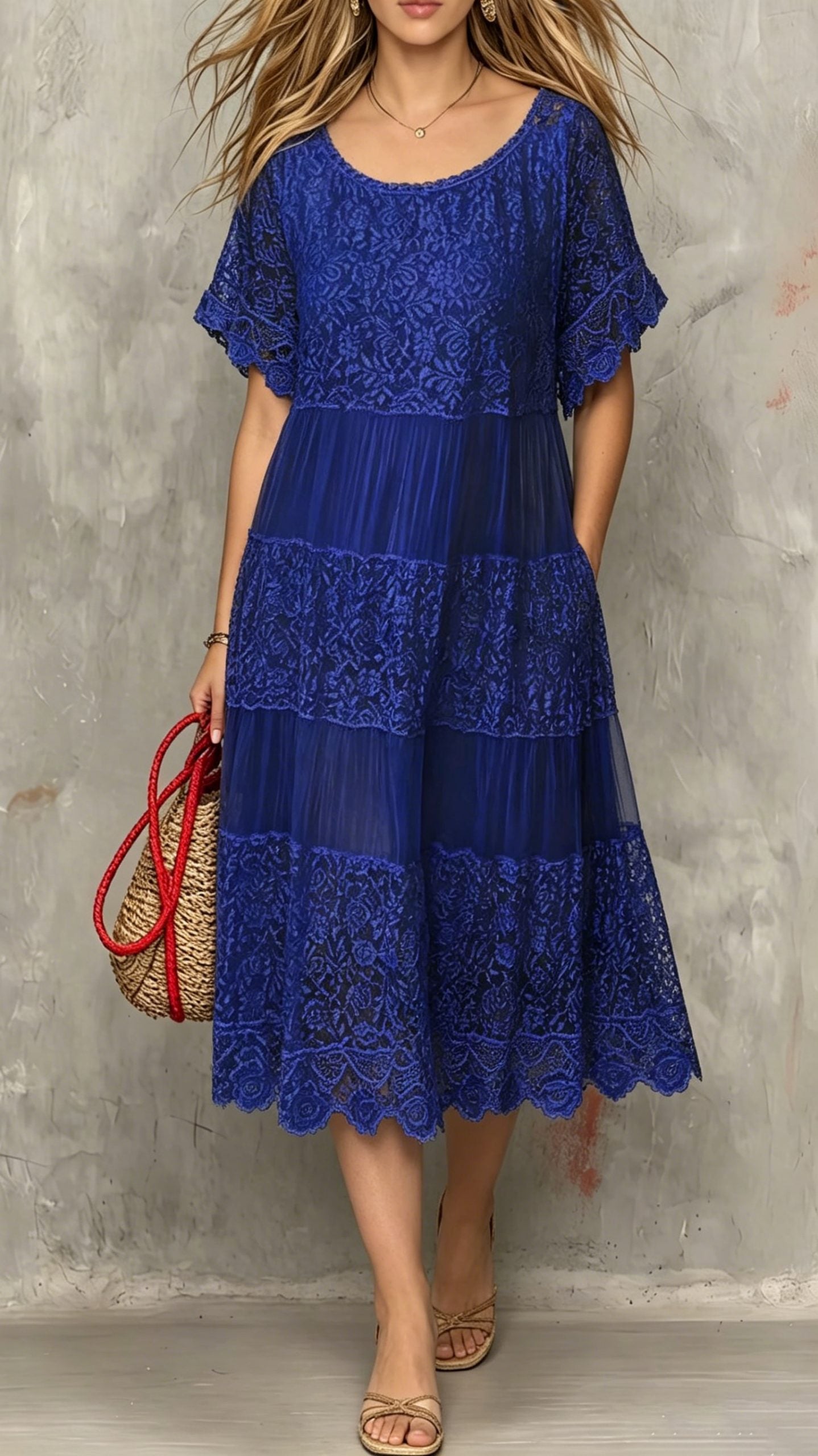 Women’s Round-Neck Short-Sleeve Lace-Trimmed Dress