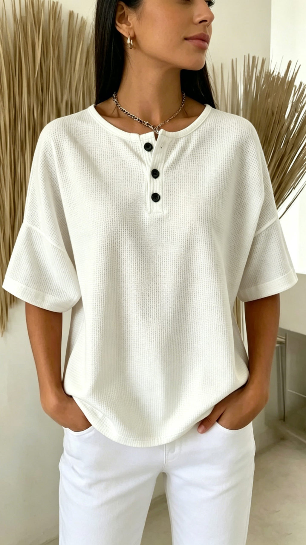 Women’s Solid-Color Waffle-Knit Top with Round Neck and Front Placket