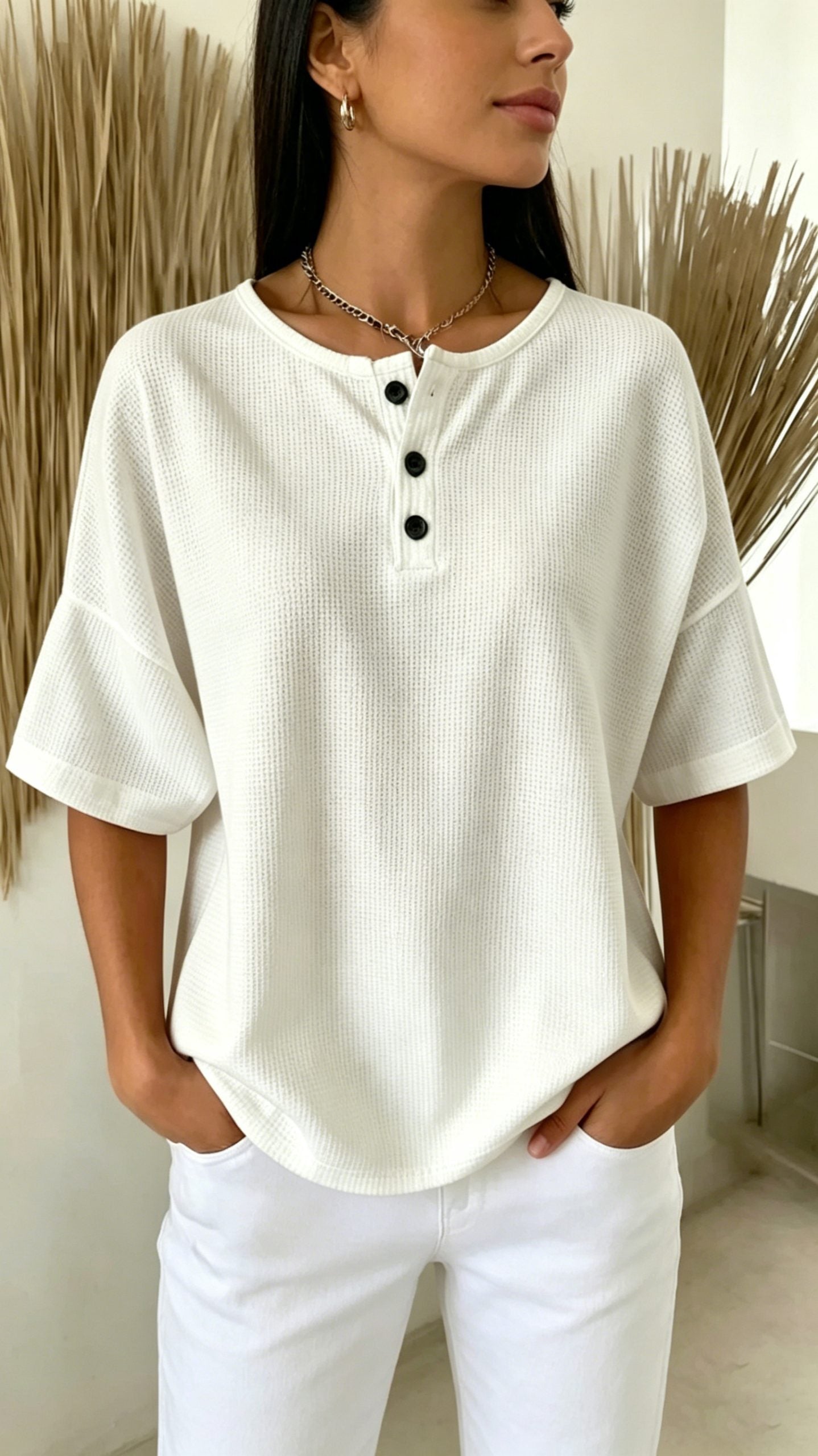 Women’s Solid-Color Waffle-Knit Top with Round Neck and Front Placket
