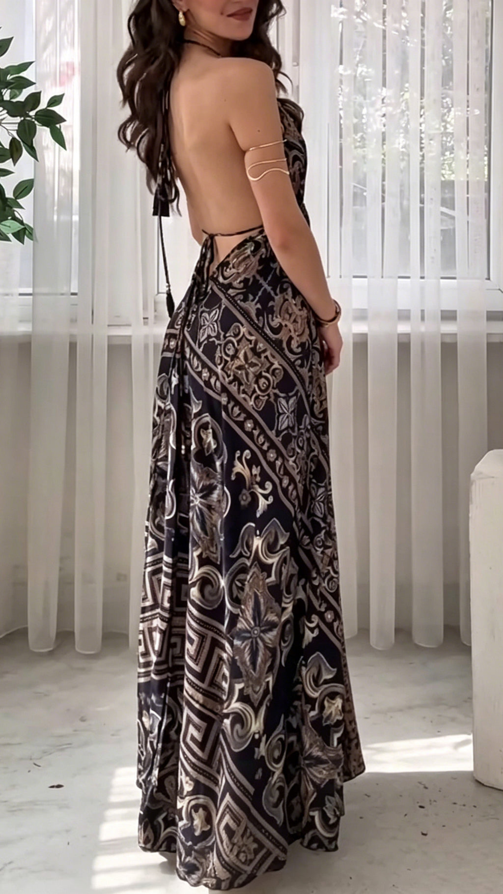 Women’s Backless, Deep V-Neck, Spaghetti-Strap, Printed Maxi Dress