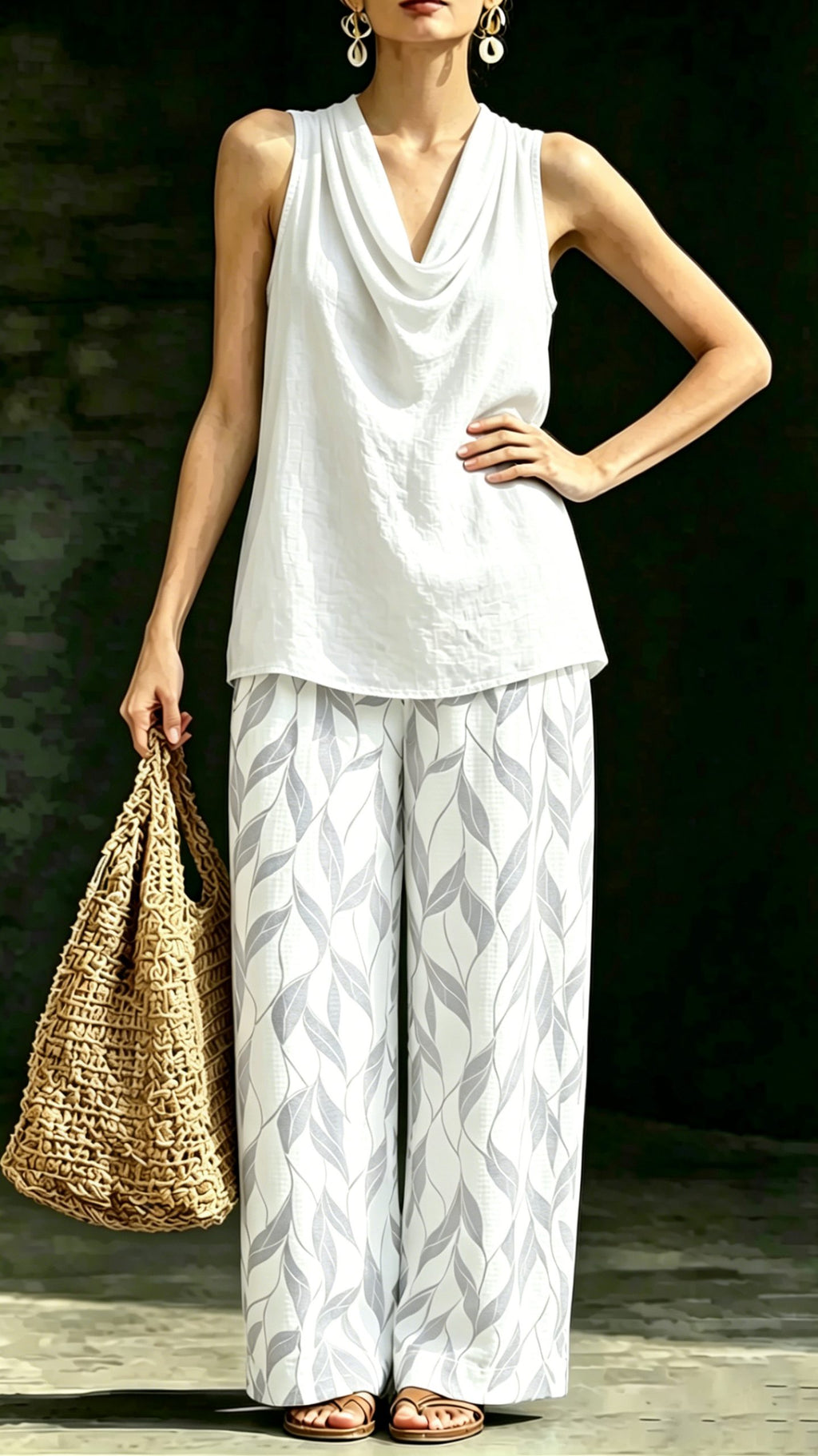 Women’s Two-Piece Set: Draped-Neck Halter Top & Patterned Wide-Leg Pants (Cotton-Linen Blend)