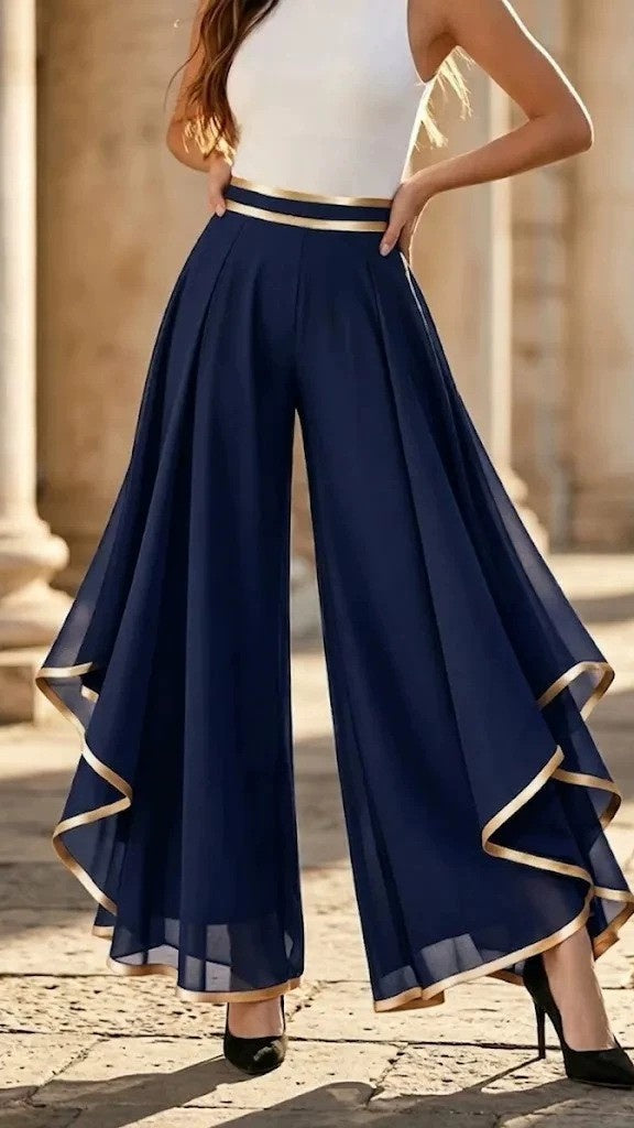 Women’s Fashion Spliced & Piped Layered Chiffon High-Waisted Casual Wide-Leg Pants