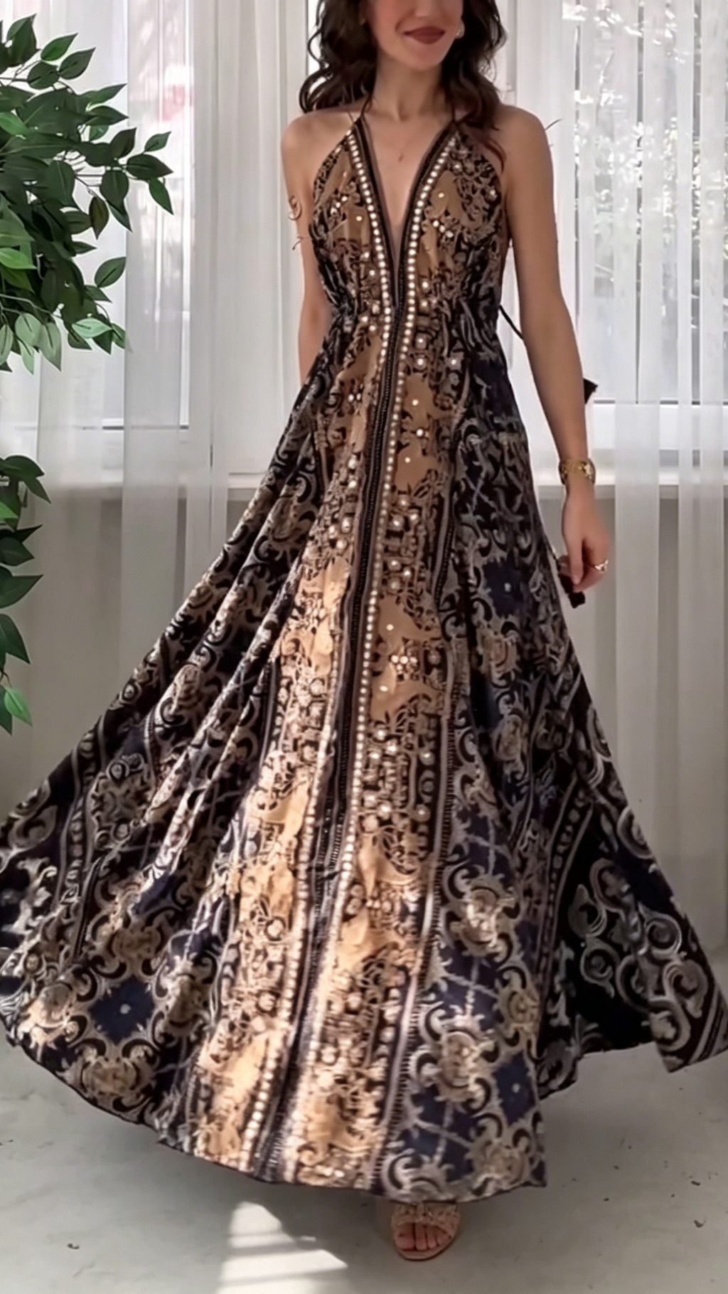 Women’s Backless, Deep V-Neck, Spaghetti-Strap, Printed Maxi Dress