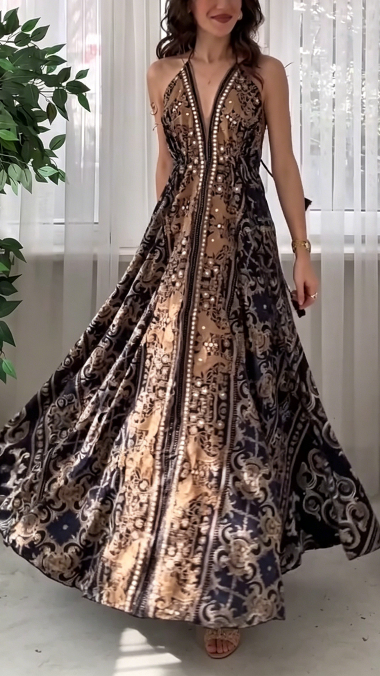 Women’s Backless, Deep V-Neck, Spaghetti-Strap, Printed Maxi Dress