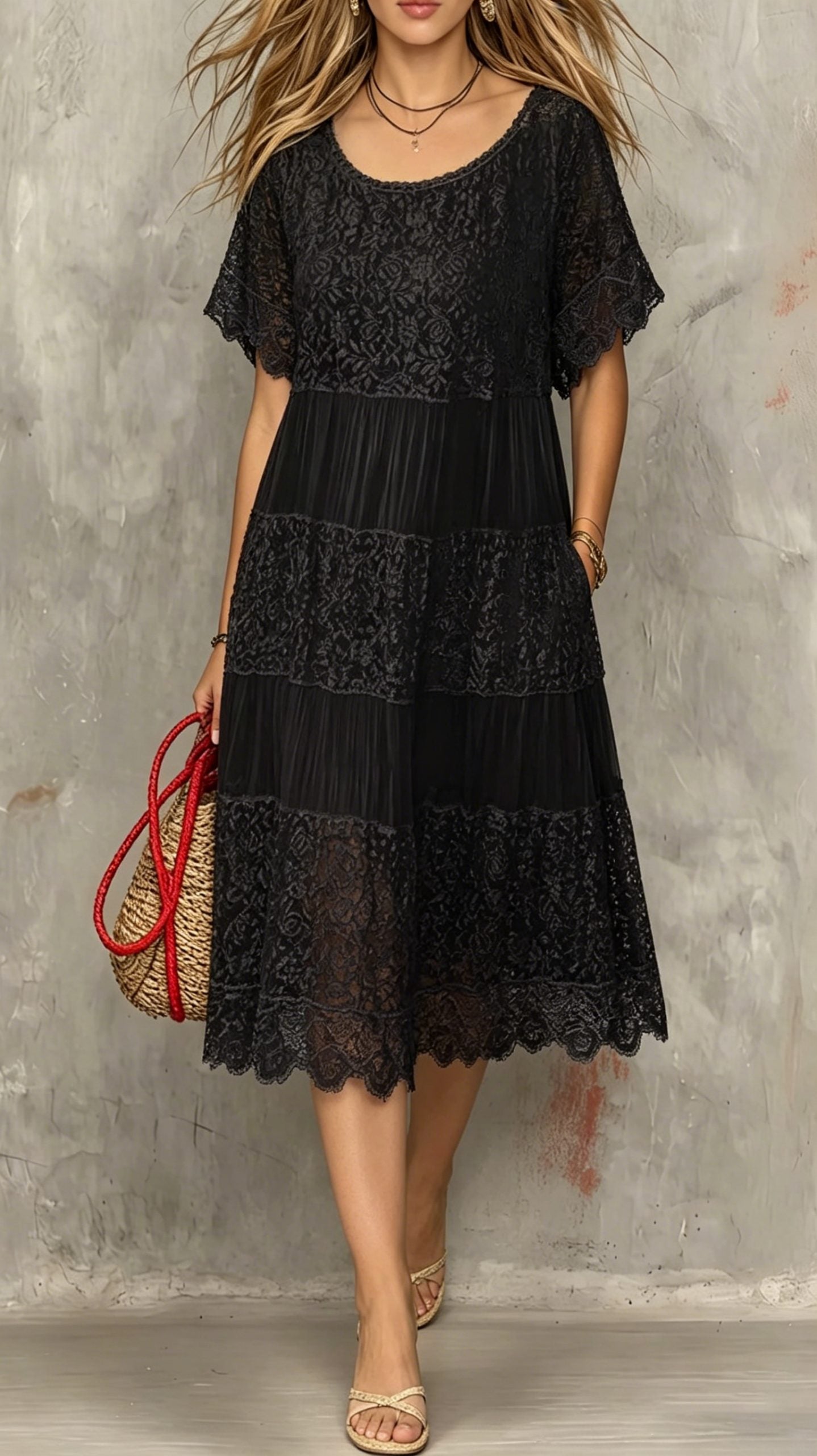 Women’s Round-Neck Short-Sleeve Lace-Trimmed Dress