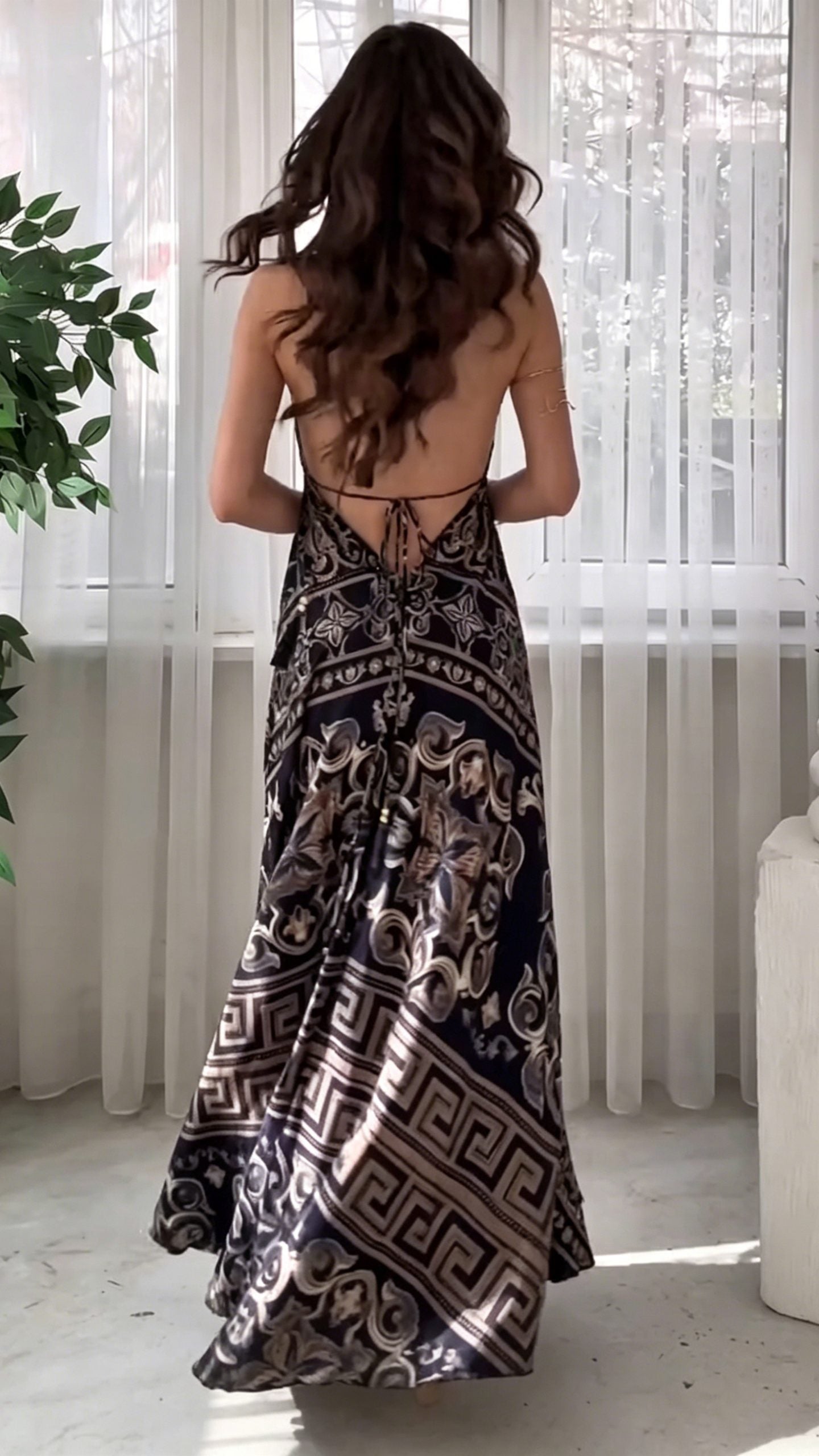 Women’s Backless, Deep V-Neck, Spaghetti-Strap, Printed Maxi Dress