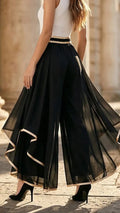 Women’s Fashion Spliced & Piped Layered Chiffon High-Waisted Casual Wide-Leg Pants