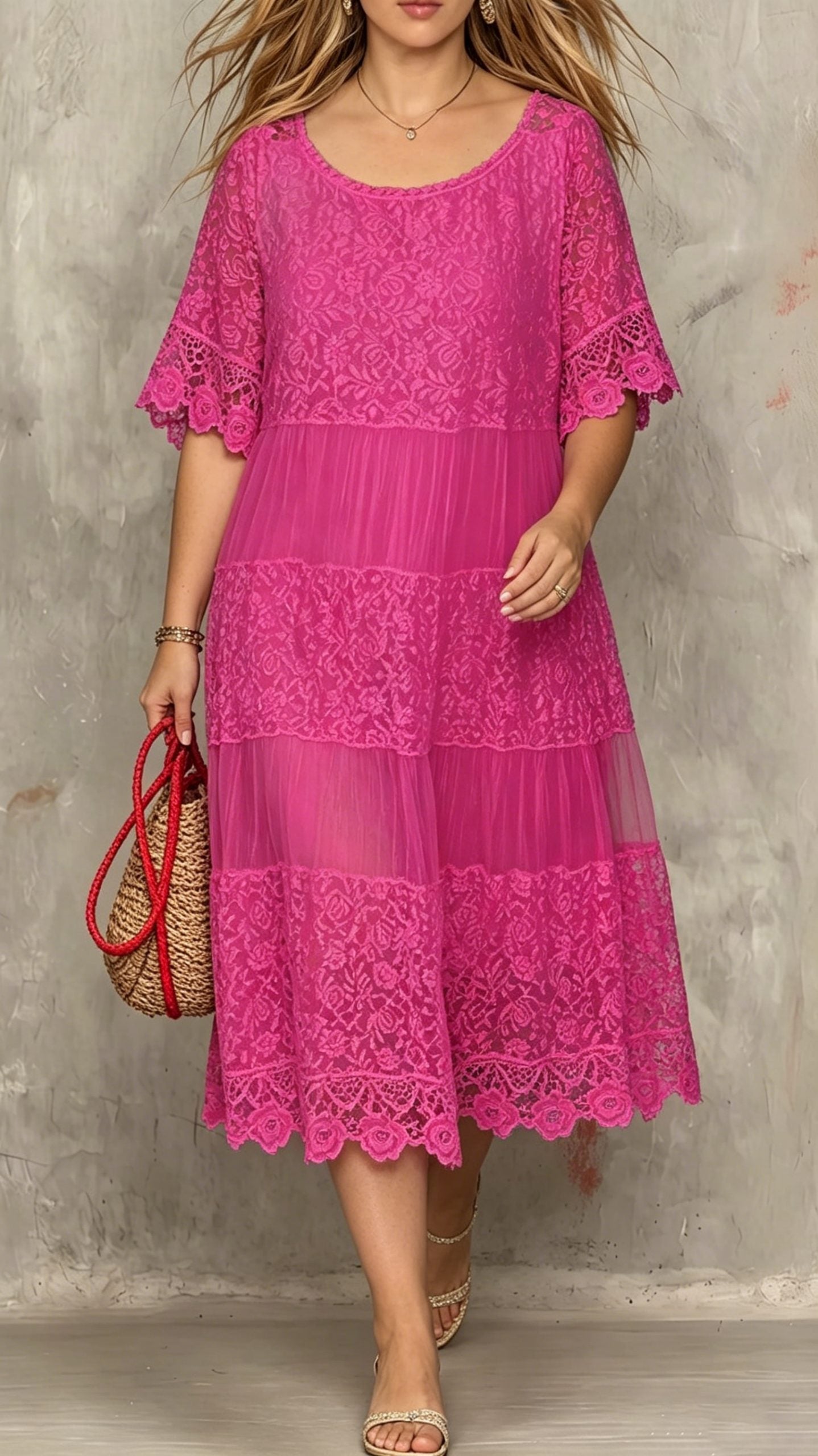 Women’s Round-Neck Short-Sleeve Lace-Trimmed Dress