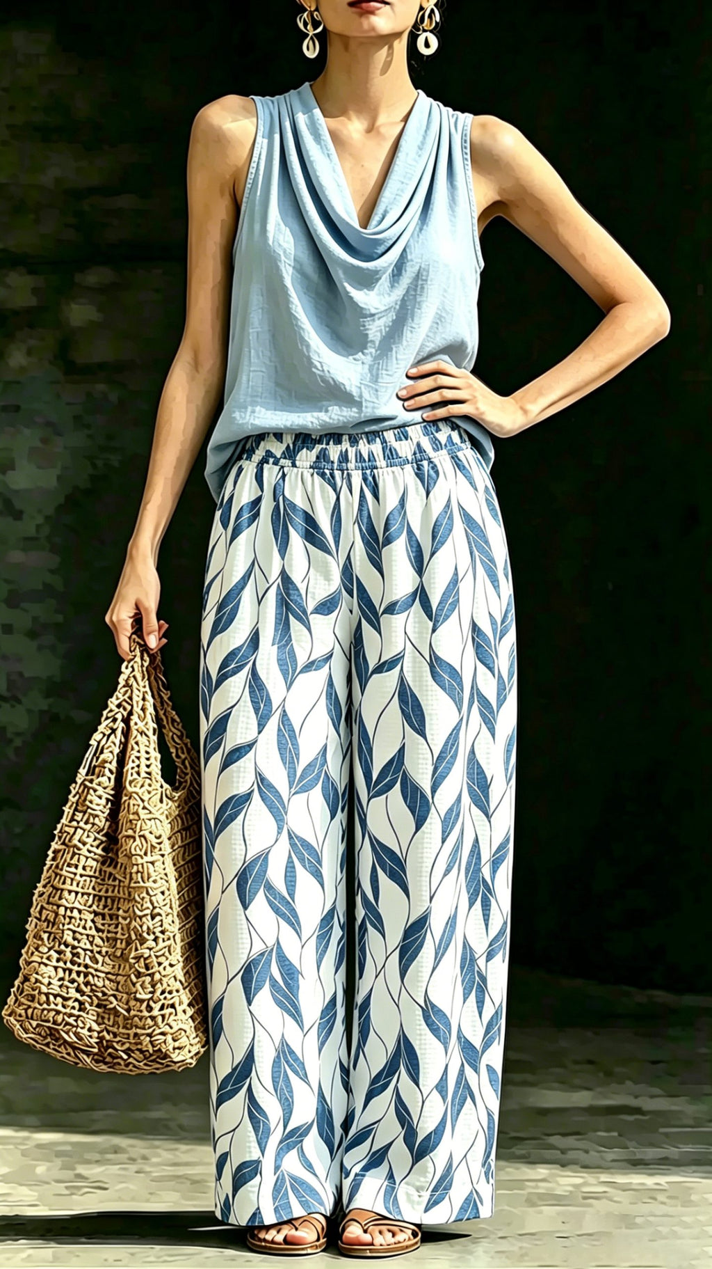Women’s Two-Piece Set: Draped-Neck Halter Top & Patterned Wide-Leg Pants (Cotton-Linen Blend)
