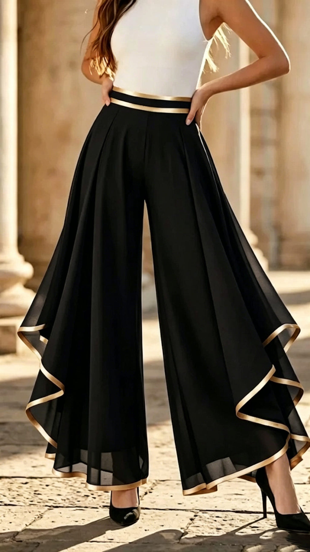 Women’s Fashion Spliced & Piped Layered Chiffon High-Waisted Casual Wide-Leg Pants